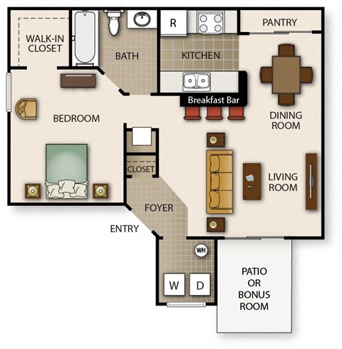 Floor plan for 1 bed, 1 bath, 698 sqft