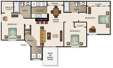 Floor plan for 3 beds, 2 baths, 1070 sqft