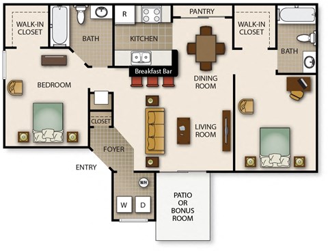 Floor plan for 2 beds, 2 baths, 951 sqft