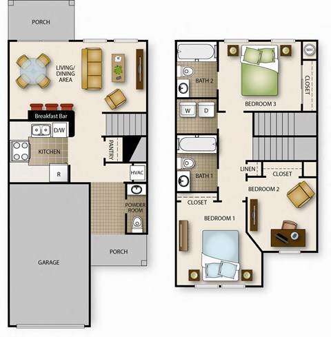 Floor plan for 3 beds, 2.5 baths, 993 sqft
