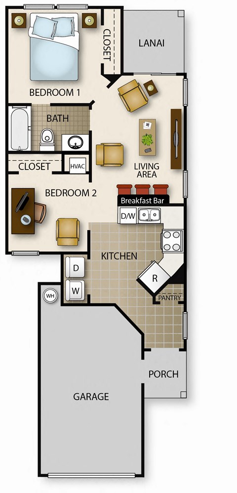 Floor plan for 2 beds, 1 bath, 605 sqft