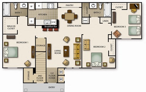 Floor plan for 3 beds, 2 baths, 1174 sqft