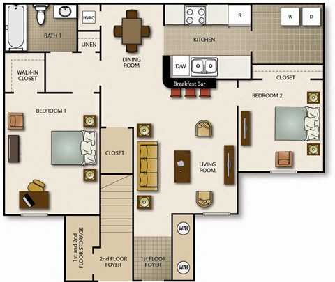 Floor plan for 2 beds, 1 bath, 976 sqft