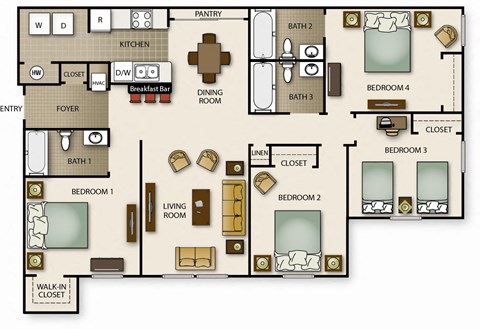 Floor plan for 4 beds, 3 baths, 1465 sqft