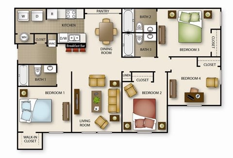 Floor plan for 4 beds, 3 baths, 1465 sqft