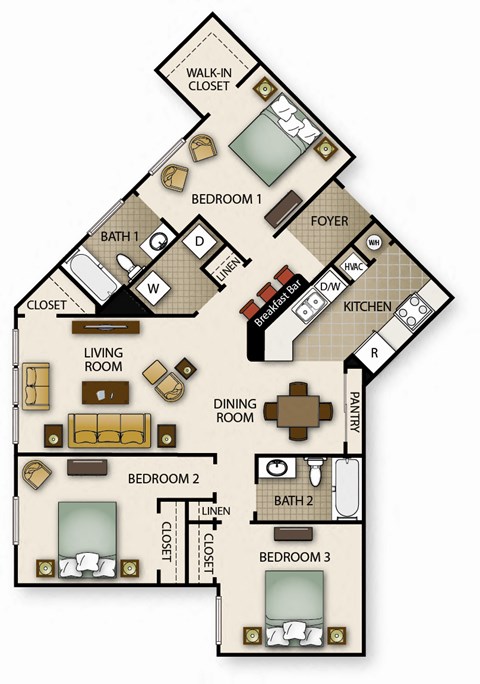 Floor plan for 3 beds, 2 baths, 1214 sqft
