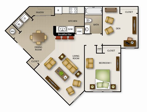 Floor plan for 1 bed, 1 bath, 928 sqft