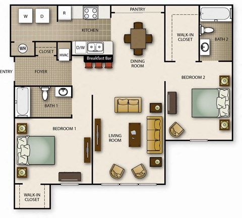 Floor plan for 2 beds, 2 baths, 1060 sqft