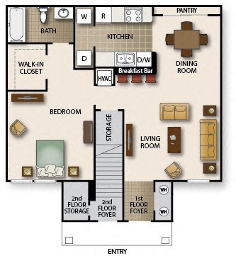 Floor plan for 1 bed, 1 bath, 850 sqft