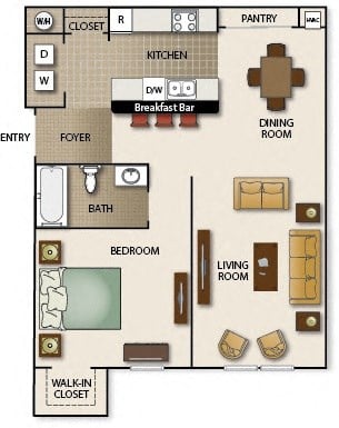 Floor plan for 1 bed, 1 bath, 681 sqft