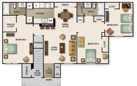 Floor plan for 3 beds, 2 baths, 1328 sqft