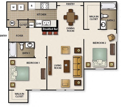 Floor plan for 2 beds, 2 baths, 1210 sqft
