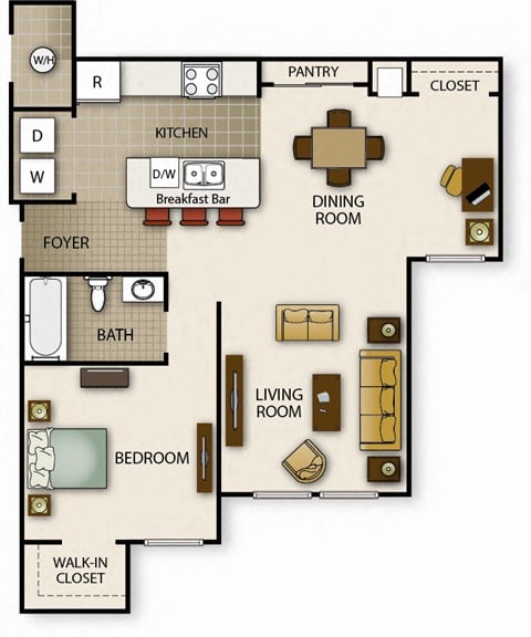 Floor plan for 1 bed, 1 bath, 681 sqft