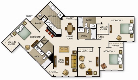 Floor plan for 3 beds, 3 baths, 1516 sqft