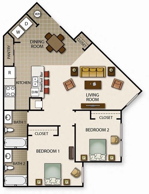 Floor plan for 2 beds, 2 baths, 905 sqft