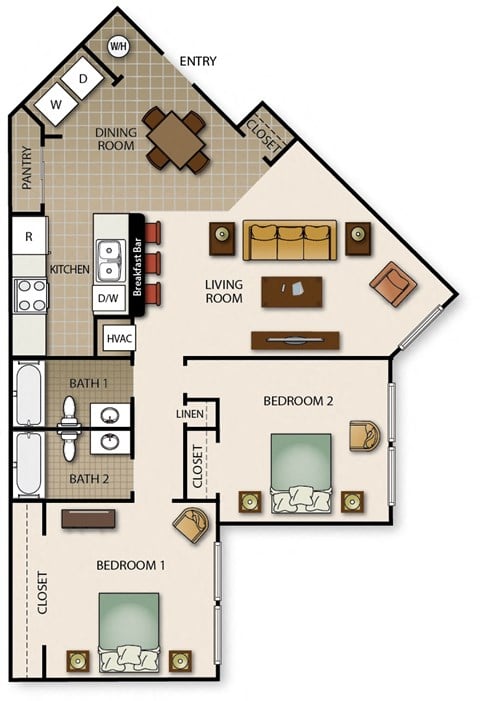 Floor plan for 2 beds, 2 baths, 905 sqft