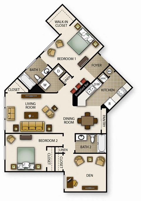 Floor plan for 2 beds, 2 baths, 1206 sqft