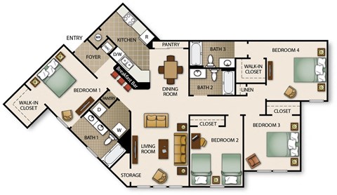 Floor plan for 4 beds, 3 baths, 1516 sqft