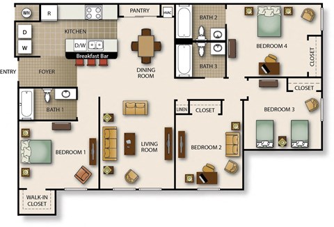Floor plan for 4 beds, 3 baths, 1186 sqft
