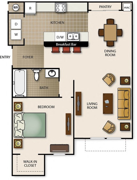 Floor plan for 1 bed, 1 bath, 681 sqft