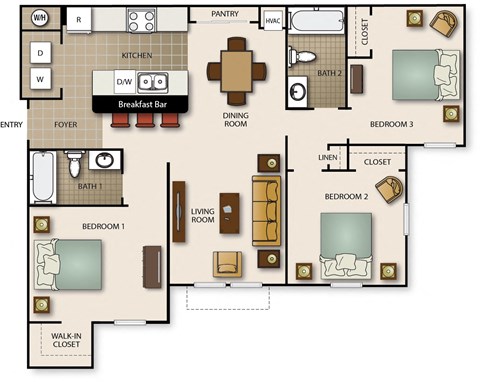 Floor plan for 3 beds, 2 baths, 1035 sqft