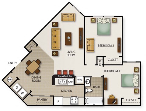 Floor plan for 2 beds, 1 bath, 849 sqft
