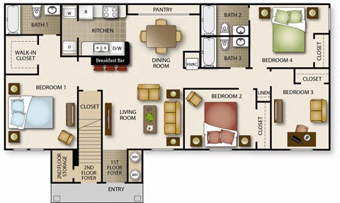 Floor plan for 4 beds, 3 baths, 1574 sqft