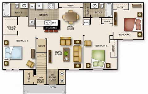 Floor plan for 3 beds, 2 baths, 1195 sqft