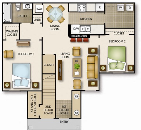 Floor plan for 2 beds, 1 bath, 975 sqft