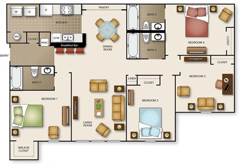 Floor plan for 4 beds, 3 baths, 1143 sqft