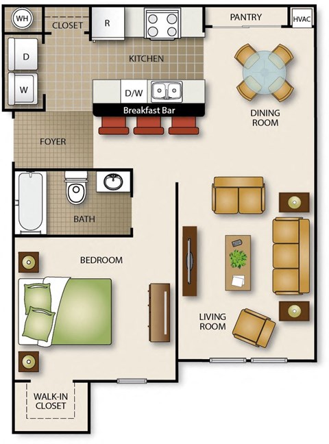 Floor plan for 1 bed, 1 bath, 644 sqft
