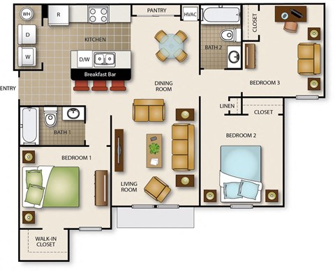 Floor plan for 3 beds, 2 baths, 986 sqft