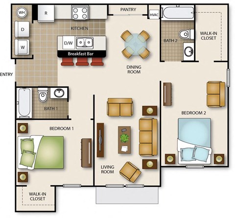 Floor plan for 2 beds, 2 baths, 857 sqft