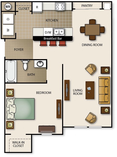 Floor plan for 1 bed, 1 bath, 759 sqft