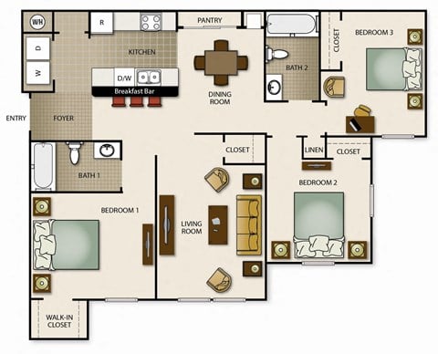 Floor plan for 3 beds, 2 baths, 1145 sqft