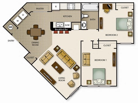 Floor plan for 2 beds, 1 bath, 1074 sqft