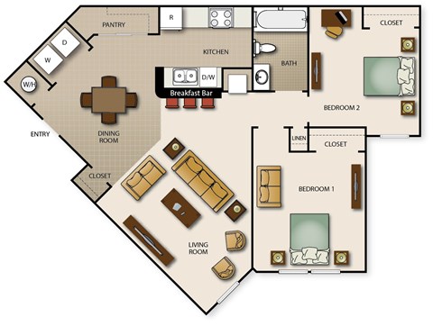 Floor plan for 2 beds, 1 bath, 849 sqft