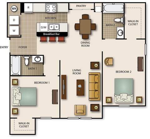 Floor plan for 2 beds, 2 baths, 975 sqft