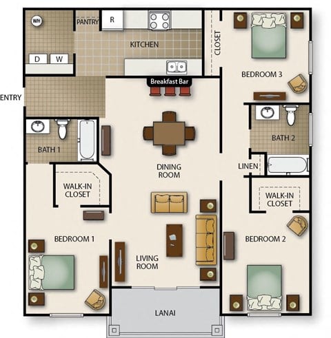 Floor plan for 3 beds, 2 baths, 1502 sqft