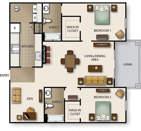 Floor plan for 2 beds, 2 baths, 1346 sqft