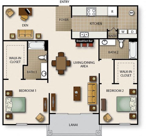 Floor plan for 2 beds, 2 baths, 1444 sqft