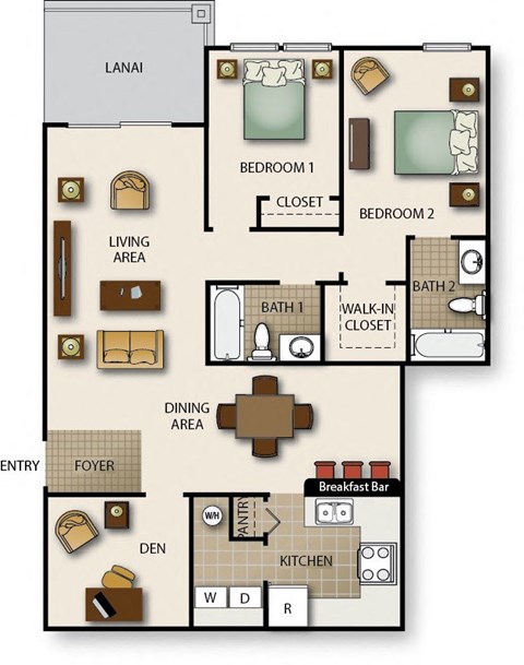 Floor plan for 2 beds, 2 baths, 1353 sqft