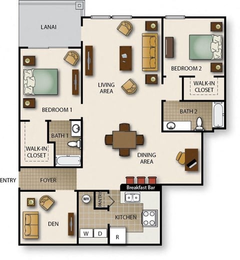 Floor plan for 2 beds, 2 baths, 1595 sqft