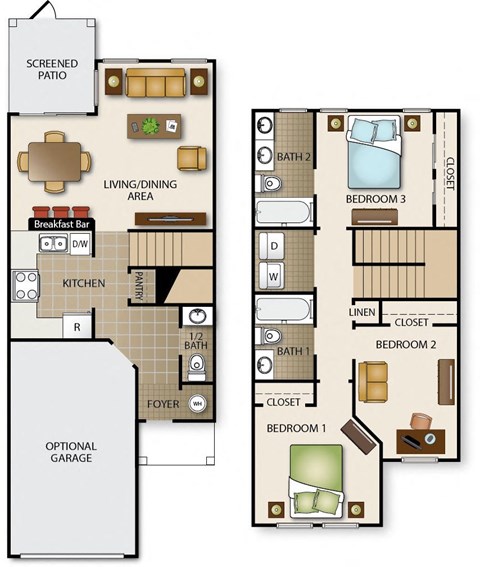 Floor plan for 3 beds, 2.5 baths, 1306 sqft