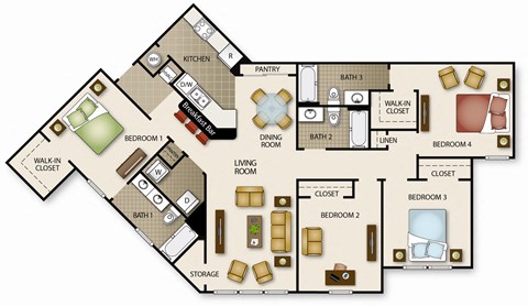 Floor plan for 4 beds, 3 baths, 1516 sqft