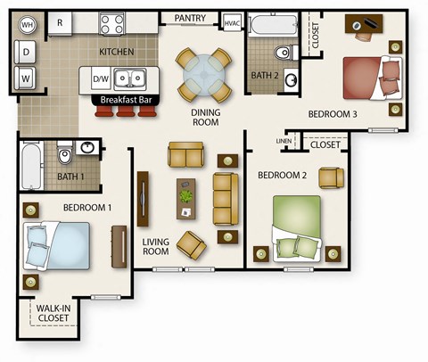 Floor plan for 3 beds, 2 baths, 1035 sqft