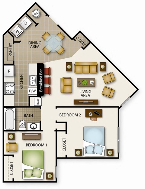 Floor plan for 2 beds, 1 bath, 849 sqft