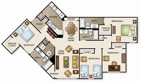 Floor plan for 4 beds, 3 baths, 1597 sqft