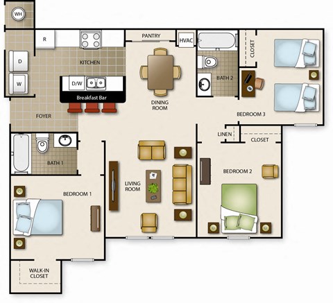 Floor plan for 3 beds, 2 baths, 1092 sqft