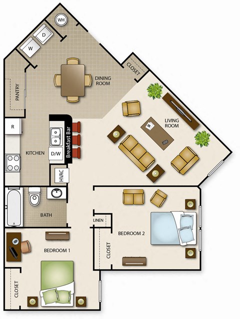 Floor plan for 2 beds, 1 bath, 895 sqft